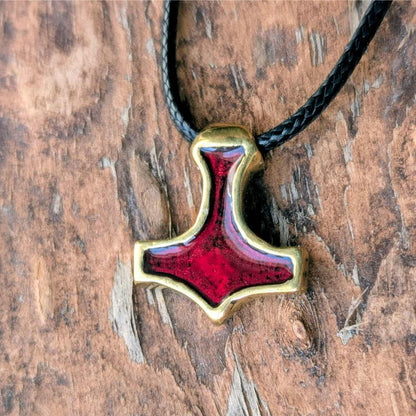 Handmade Brass Mjolnir with Red Enamel – Miniature Viking Thor’s Hammer Pendant | AlgizRune Collection
