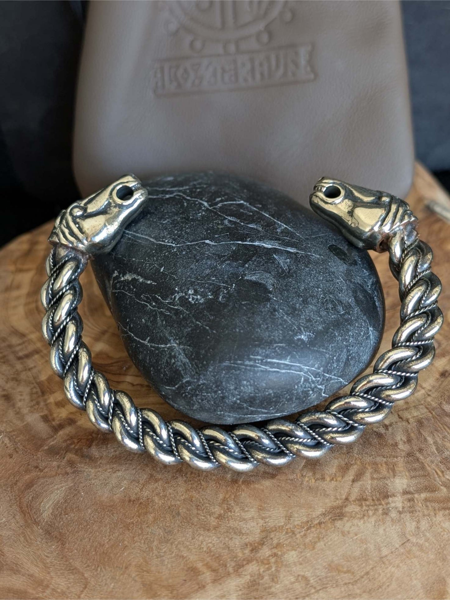 Gotland Twisted Viking Bracelet with Horse Heads – Handmade Pewter Armring