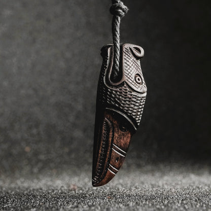 Norse Dragon and Raven Pendant, Hand-Carved Moose Antler Amulet