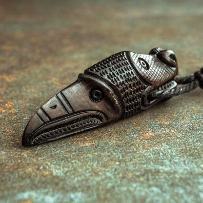 Norse Dragon and Raven Pendant, Hand-Carved Moose Antler Amulet