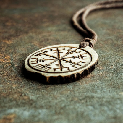 Vegvisir Compass Pendant – Hand-Carved Moose Antler Pagan Necklace