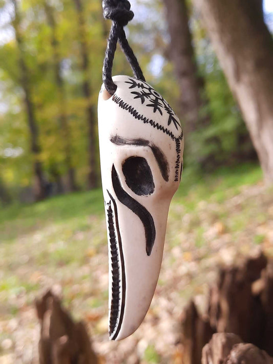 Raven Skull Moose Antler Pendant with Helm of Awe, Hand-Carved Amulet