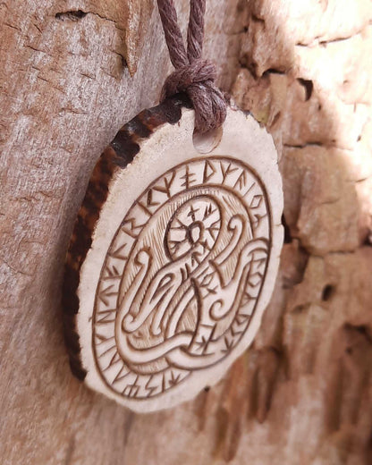 Jörmungandr Moose Antler Pendant, Hand-Carved Runestone-Inspired Amulet