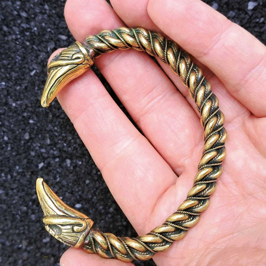 Gotland-Style Viking Bracelet with Raven Head Terminals, Twisted Brass Armring