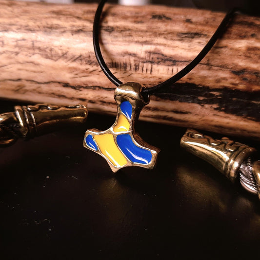 Mjolnir Pendant in Reclaimed Brass – Blue & Yellow Enamel (Ukraine)