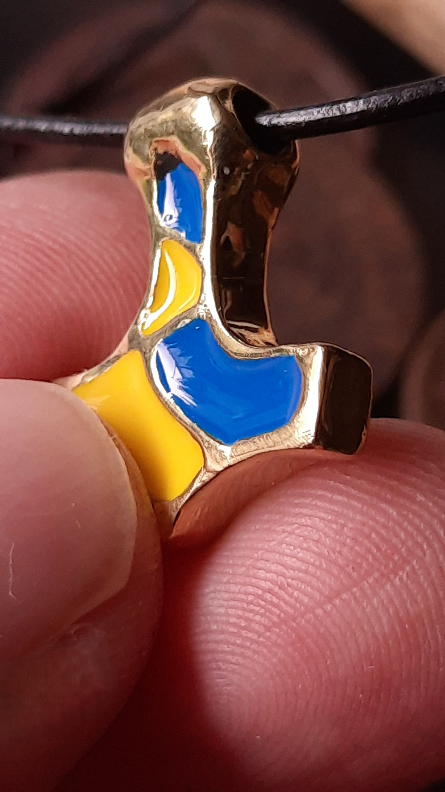 Mjolnir Pendant in Reclaimed Brass – Blue & Yellow Enamel (Ukraine)