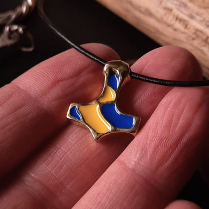 Mjolnir Pendant in Reclaimed Brass – Blue & Yellow Enamel (Ukraine)