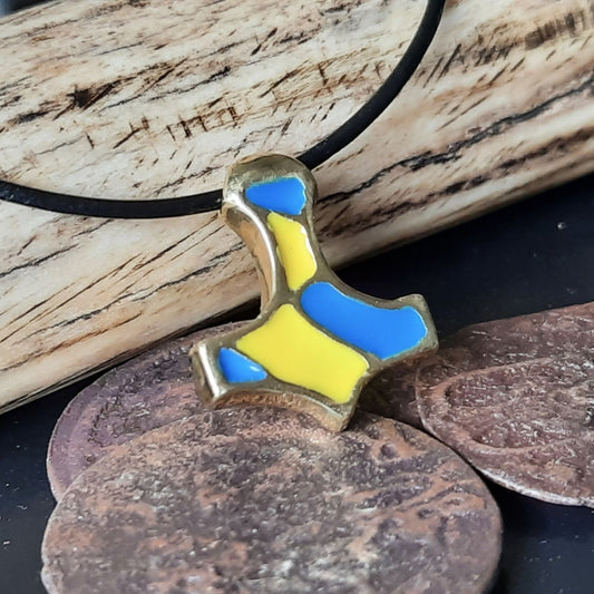 Mjolnir Pendant in Reclaimed Brass – Blue & Yellow Enamel (Ukraine)