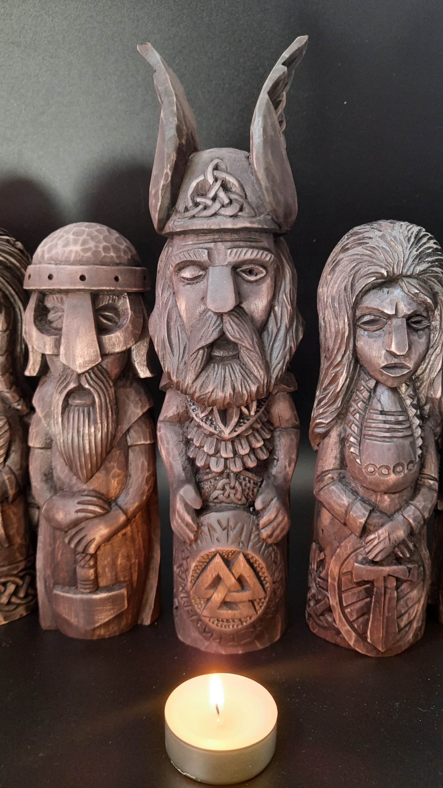 Hand-Carved Norse Gods Statues – Odin, Thor & Freyja in Linden Wood