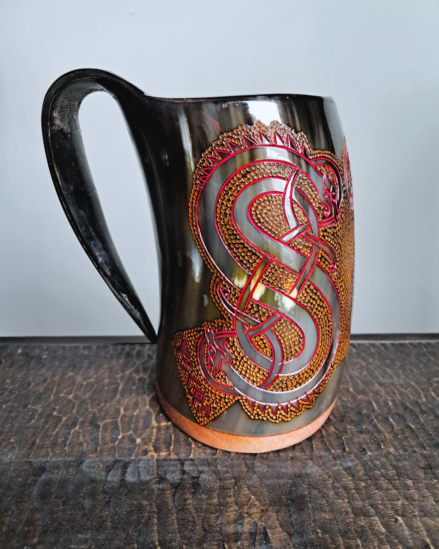 Viking Drinking Horn Tankard with Twin Dragon Design, 24 oz – SKOL Collection