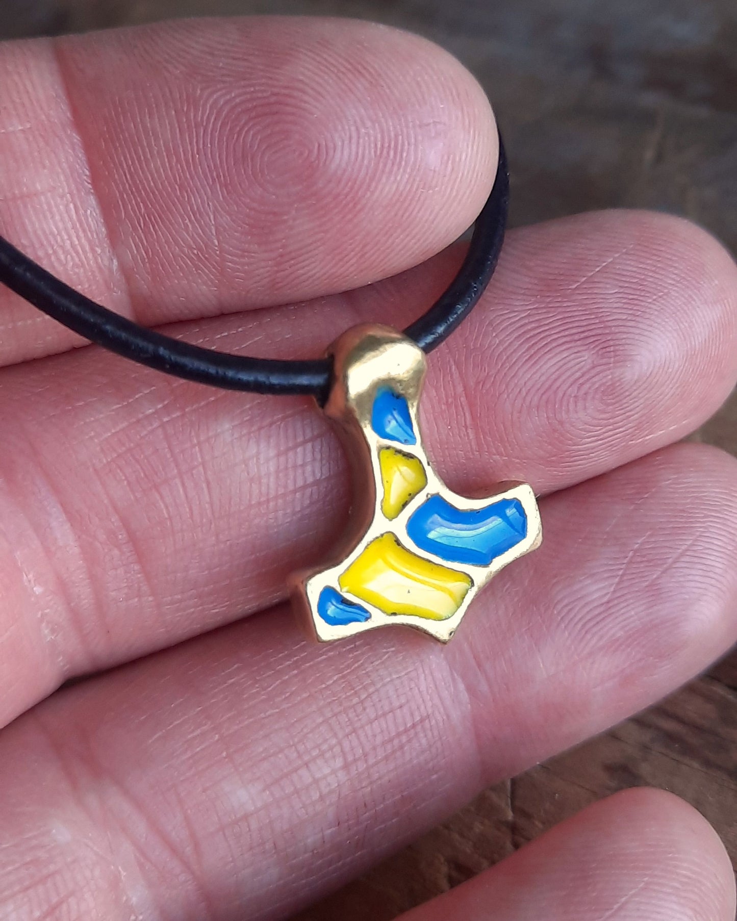 Mjolnir Pendant in Reclaimed Brass – Blue & Yellow Enamel (Ukraine)