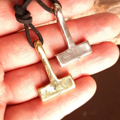 Mjolnir Necklace – Thor’s Hammer with Wolf Tooth and Solar Symbols - Pewter / Brass
