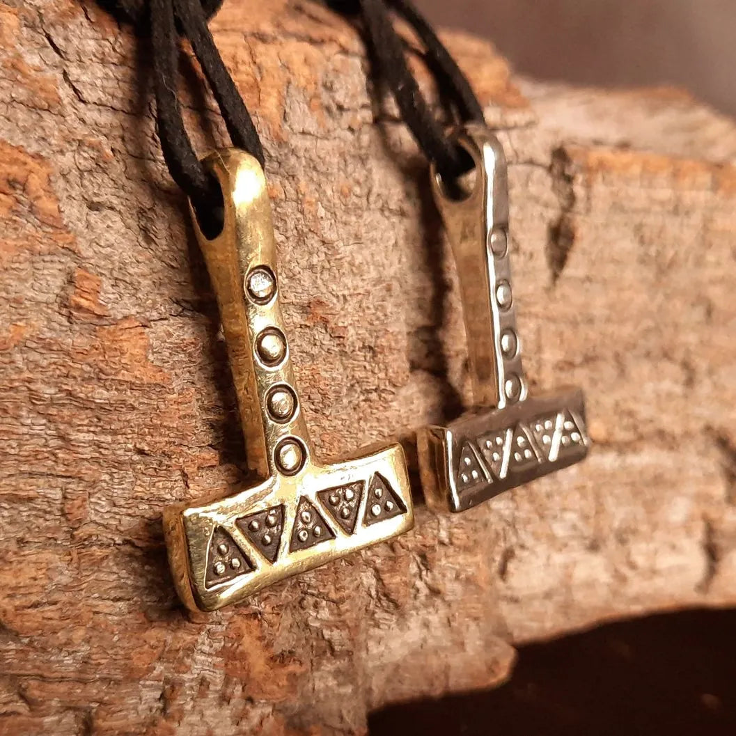Mjolnir Necklace – Thor’s Hammer with Wolf Tooth and Solar Symbols - Pewter / Brass