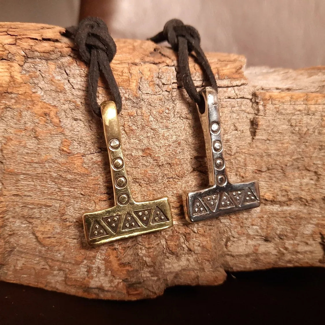 Mjolnir Necklace – Thor’s Hammer with Wolf Tooth and Solar Symbols - Pewter / Brass