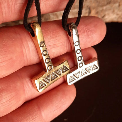 Mjolnir Necklace – Thor’s Hammer with Wolf Tooth and Solar Symbols - Pewter / Brass