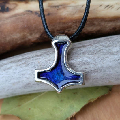 Mjölnir Pewter Pendant with Blue Enamel, Viking-Style Thor’s Hammer