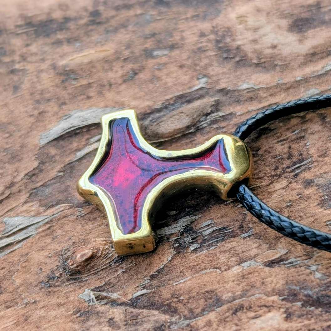 Handmade Brass Mjolnir with Red Enamel – Miniature Viking Thor’s Hammer Pendant | AlgizRune Collection