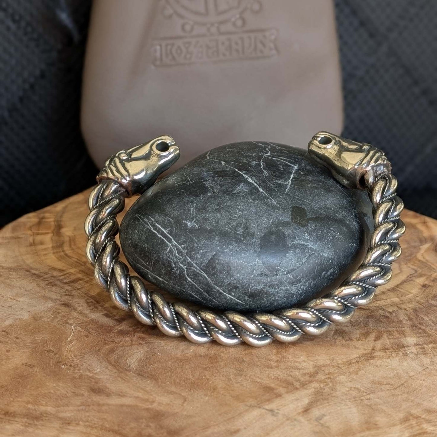 Gotland Twisted Viking Bracelet with Horse Heads – Handmade Pewter Armring