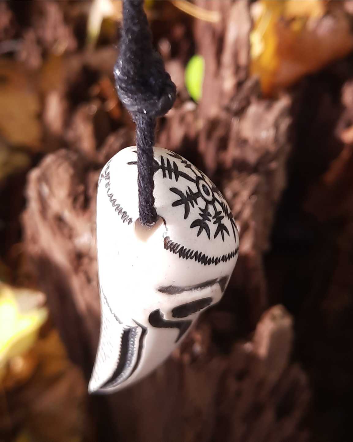 Raven Skull Moose Antler Pendant with Helm of Awe, Hand-Carved Amulet