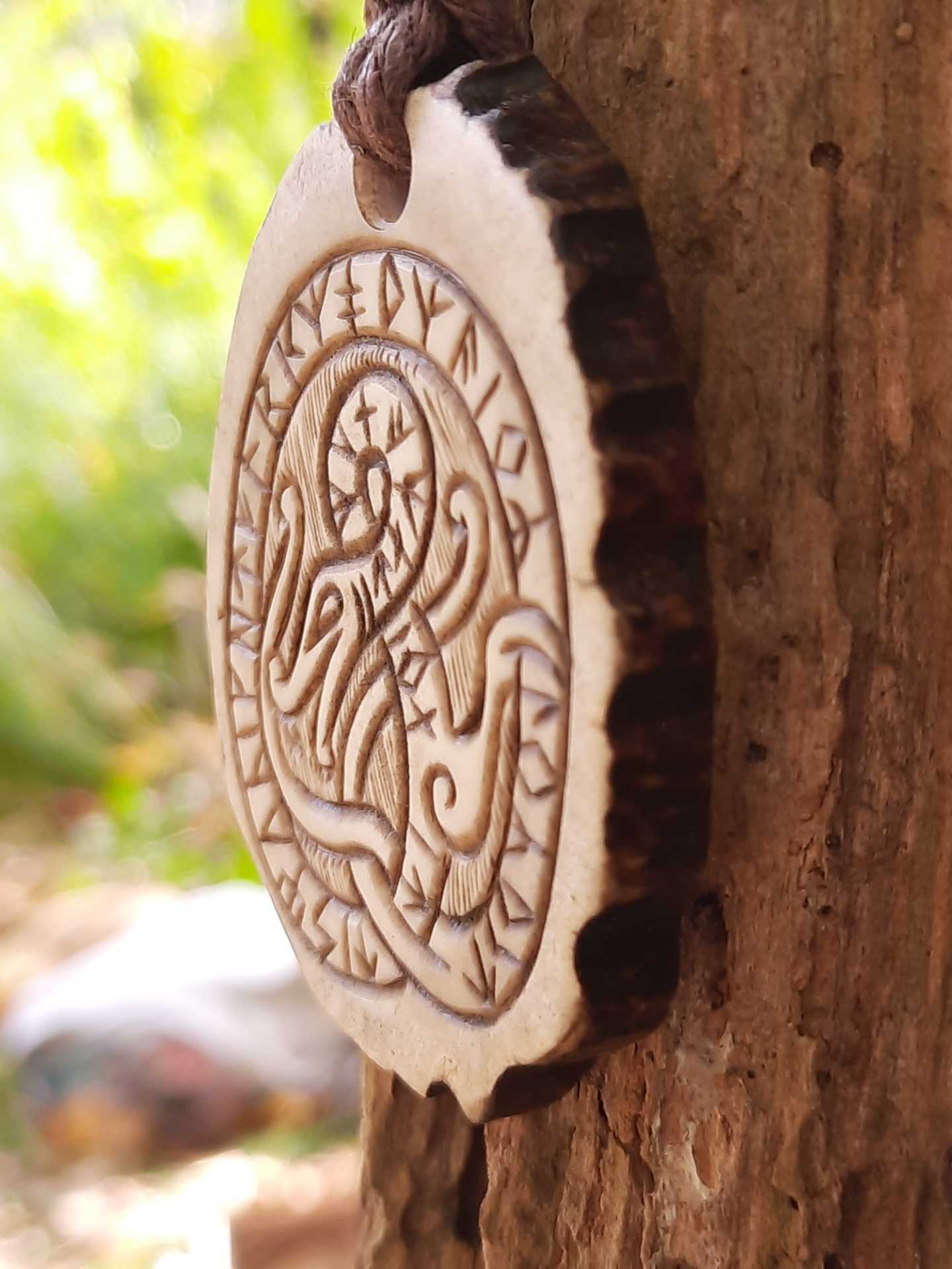 Jörmungandr Moose Antler Pendant, Hand-Carved Runestone-Inspired Amulet