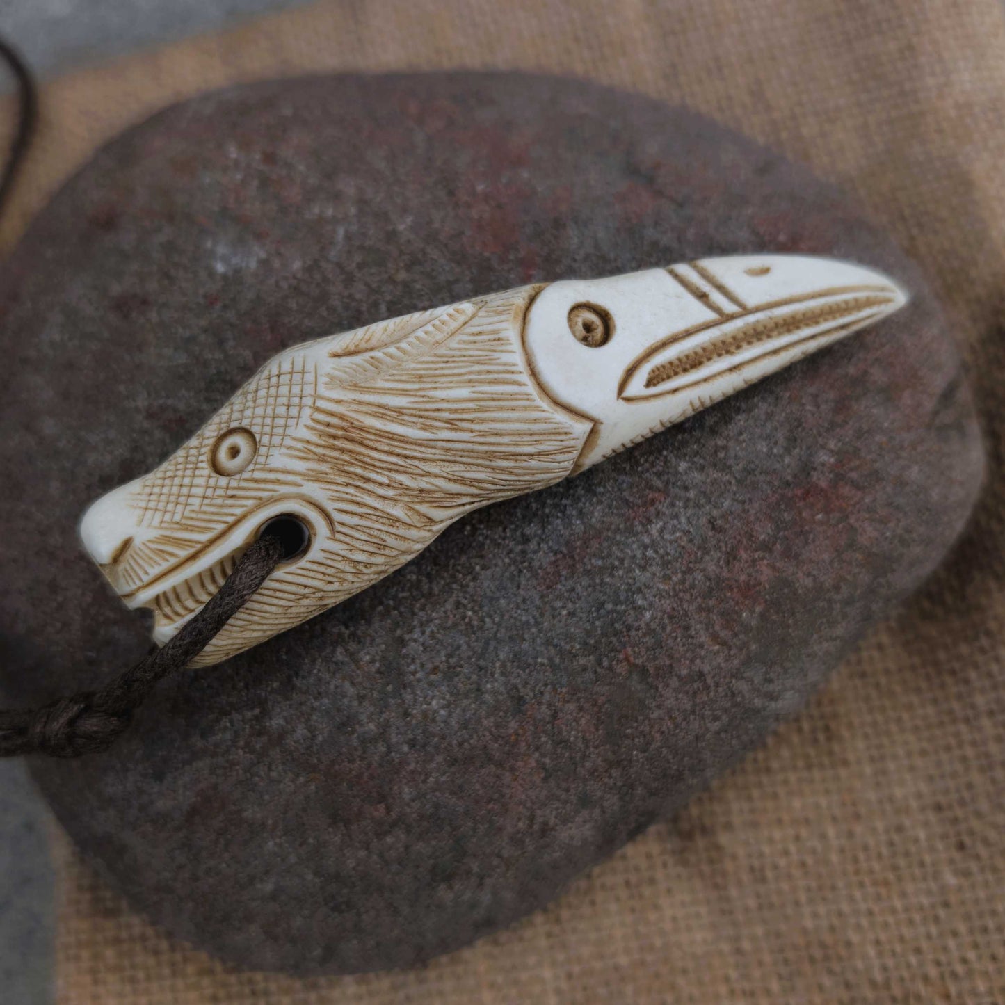 Raven–Wolf Moose Antler Pendant, Hand-Carved Viking-Style Amulet