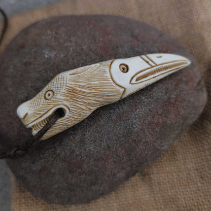 Raven–Wolf Moose Antler Pendant, Hand-Carved Viking-Style Amulet