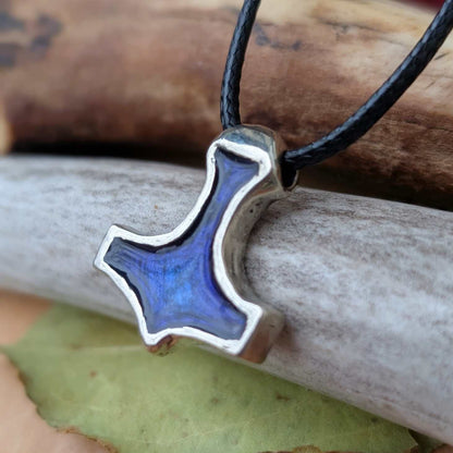Mjölnir Pewter Pendant with Blue Enamel, Viking-Style Thor’s Hammer