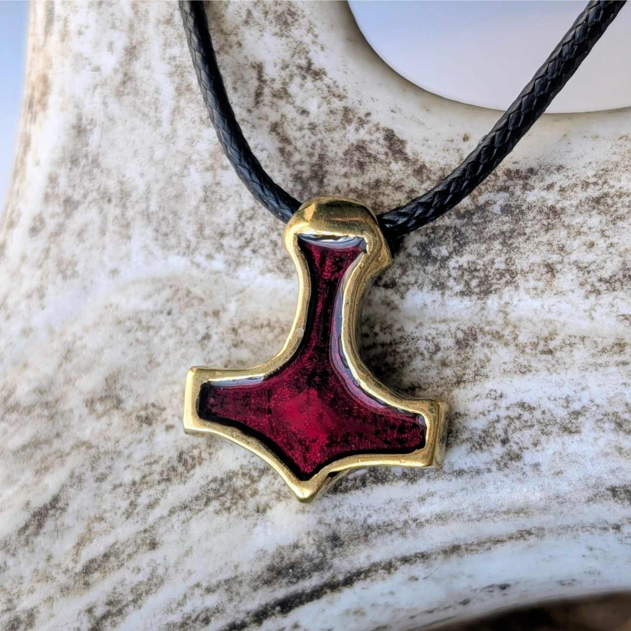 Handmade Brass Mjolnir with Red Enamel – Miniature Viking Thor’s Hammer Pendant | AlgizRune Collection