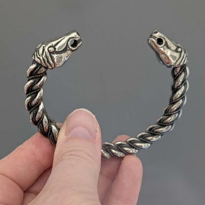 Gotland Twisted Viking Bracelet with Horse Heads – Handmade Pewter Armring