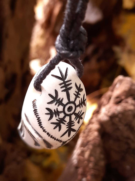 Raven Skull Moose Antler Pendant with Helm of Awe, Hand-Carved Amulet