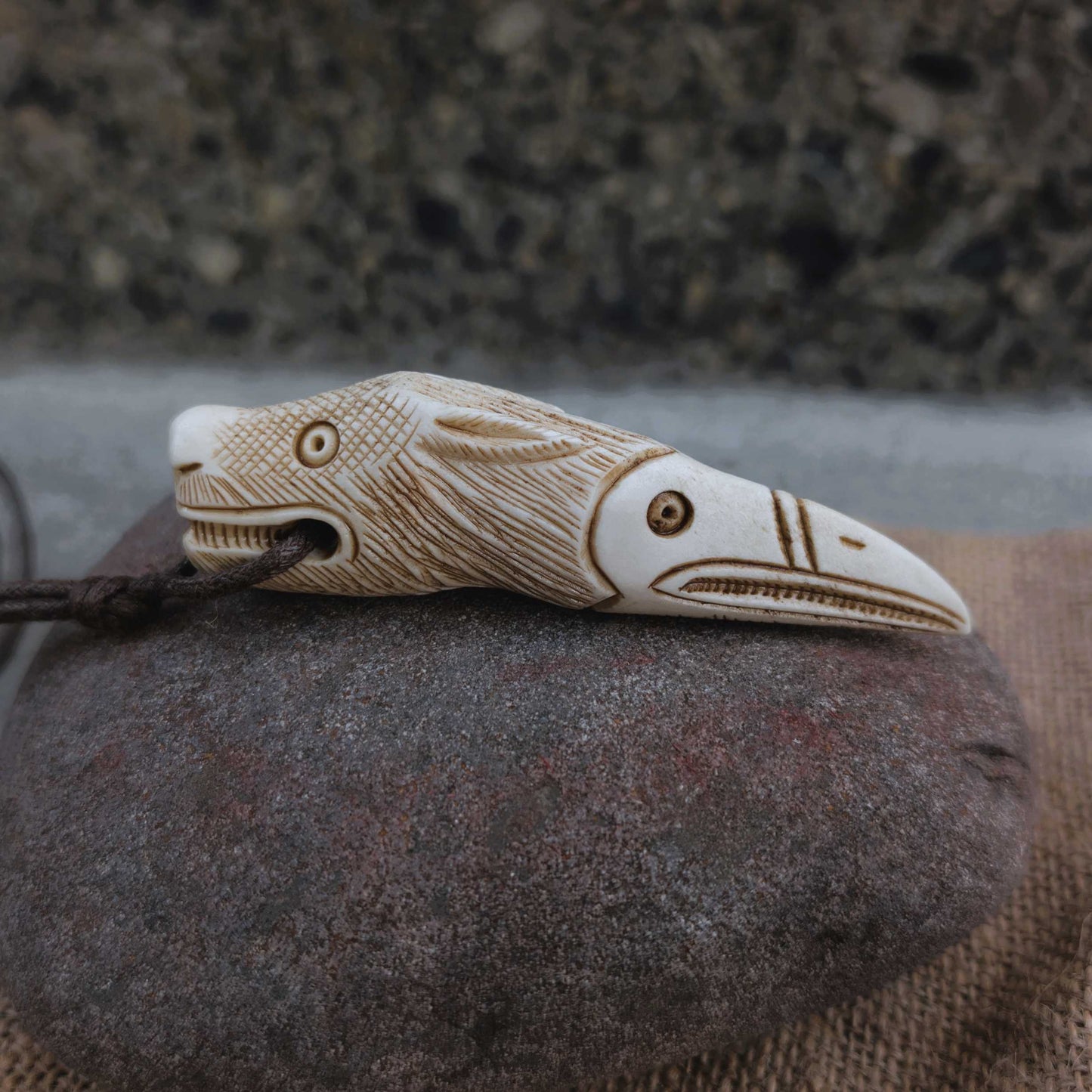 Raven–Wolf Moose Antler Pendant, Hand-Carved Viking-Style Amulet