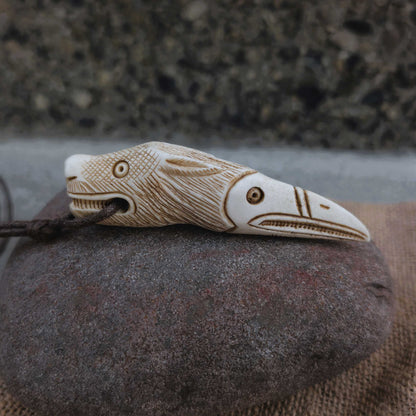 Raven–Wolf Moose Antler Pendant, Hand-Carved Viking-Style Amulet