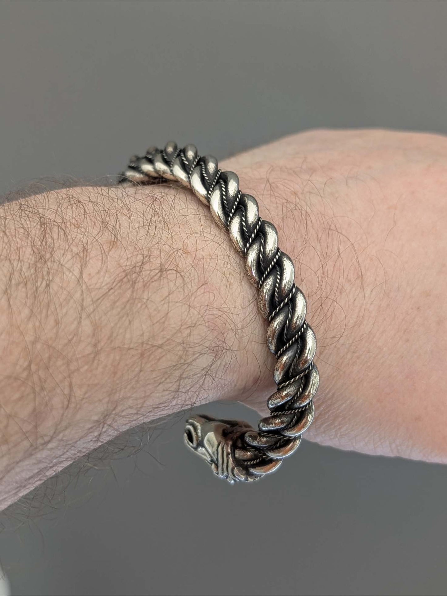 Gotland Twisted Viking Bracelet with Horse Heads – Handmade Pewter Armring