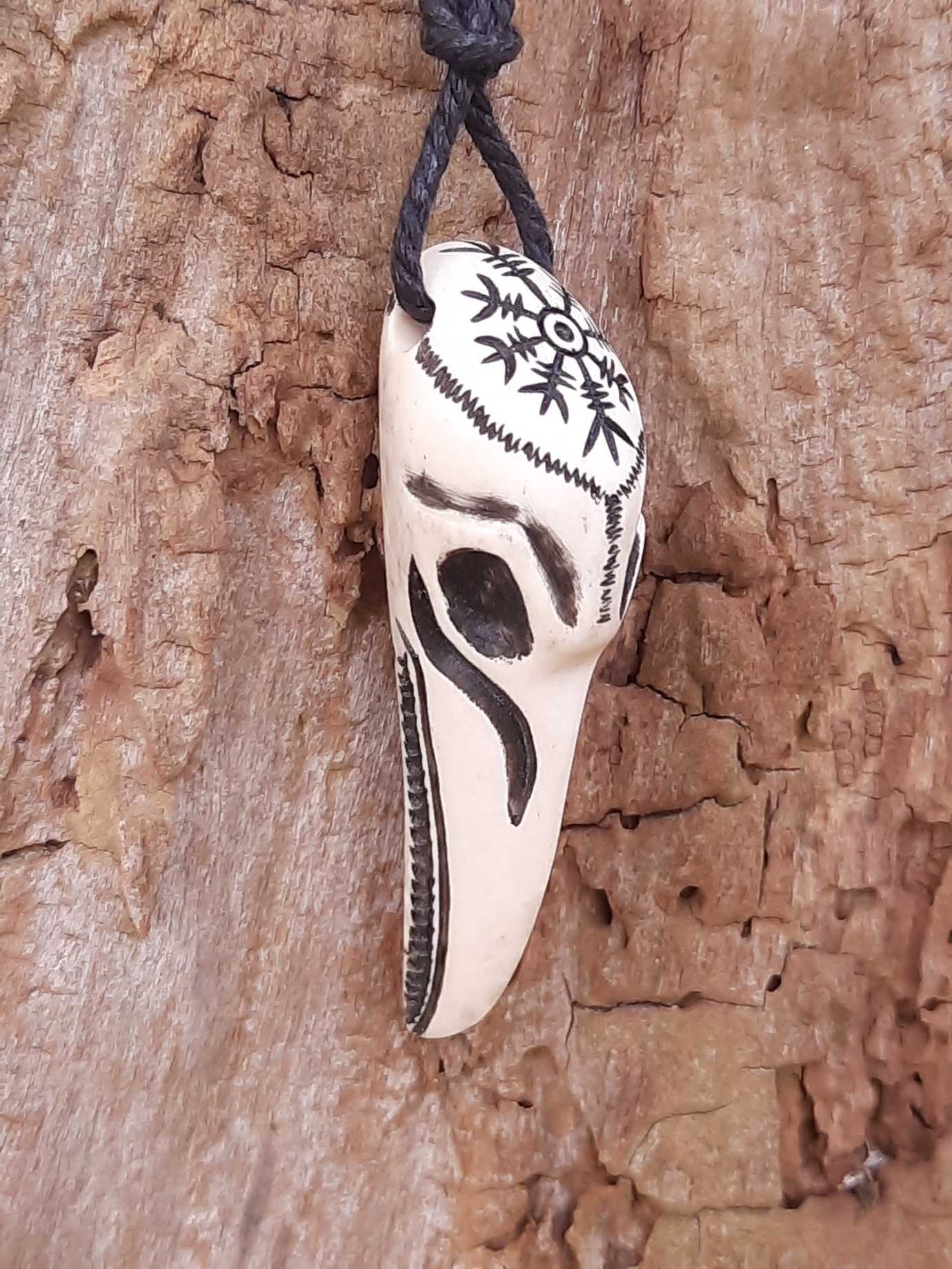 Raven Skull Moose Antler Pendant with Helm of Awe, Hand-Carved Amulet