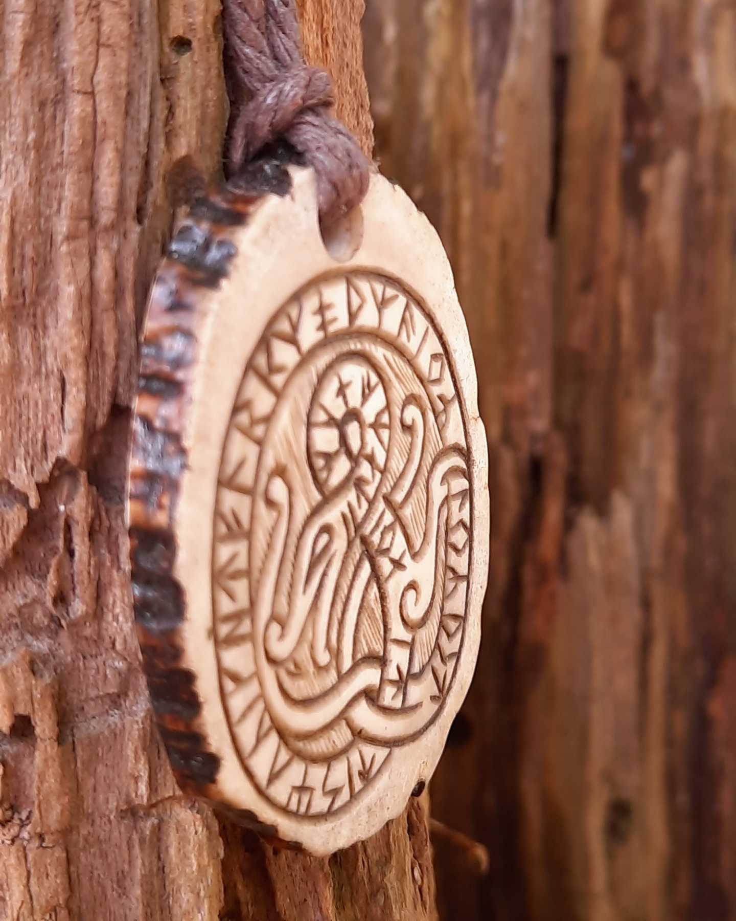 Jörmungandr Moose Antler Pendant, Hand-Carved Runestone-Inspired Amulet