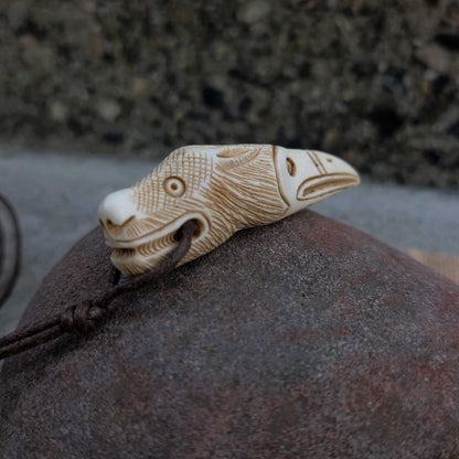 Raven–Wolf Moose Antler Pendant, Hand-Carved Viking-Style Amulet