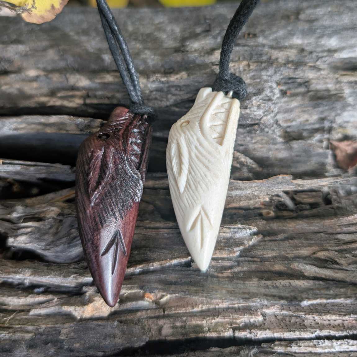 Wolf Pendant with Týr Rune, Viking-Style Hand-Carved Antler Amulet