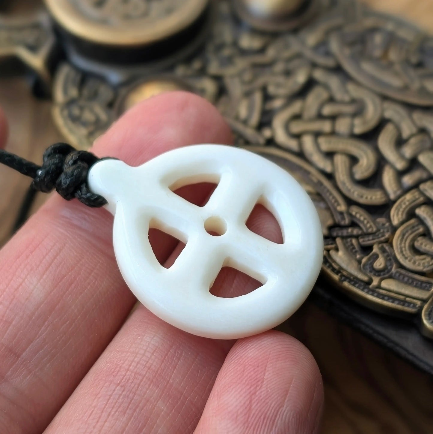 Sun Cross Pendant – Hand-Carved Bone or Horn Amulet