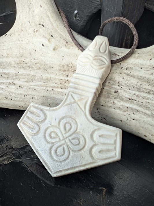 Mjölnir Moose Antler Pendant with Dragon Head and Solar Symbols