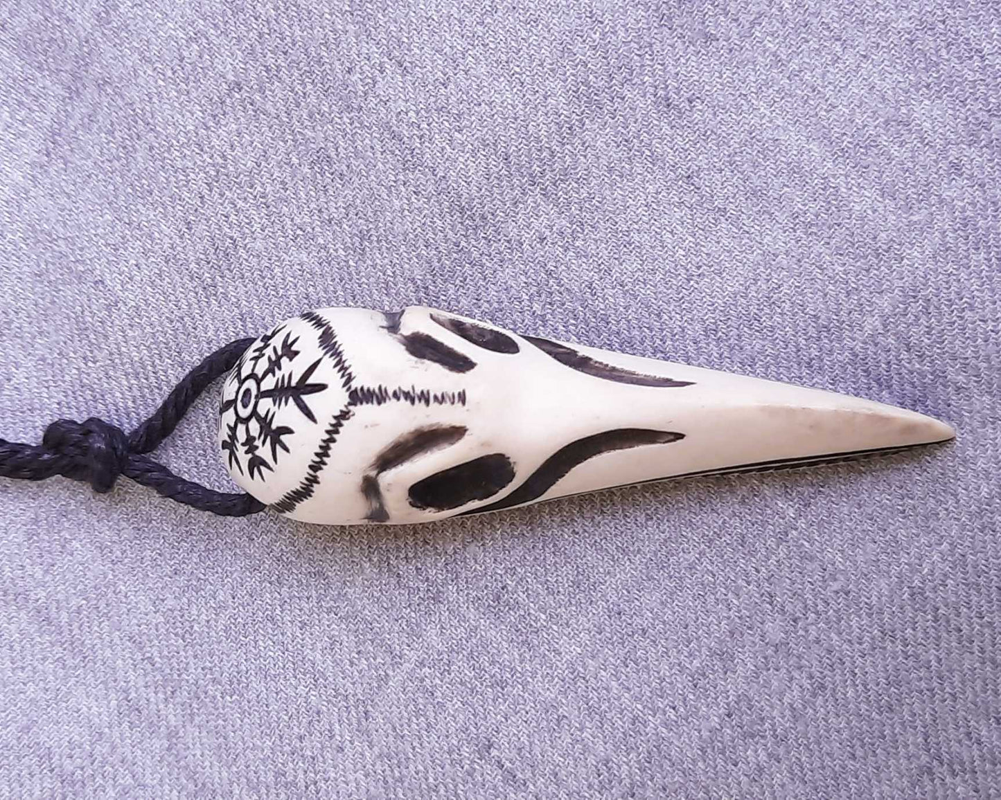 Raven Skull Moose Antler Pendant with Helm of Awe, Hand-Carved Amulet