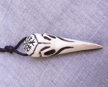 Raven Skull Moose Antler Pendant with Helm of Awe, Hand-Carved Amulet