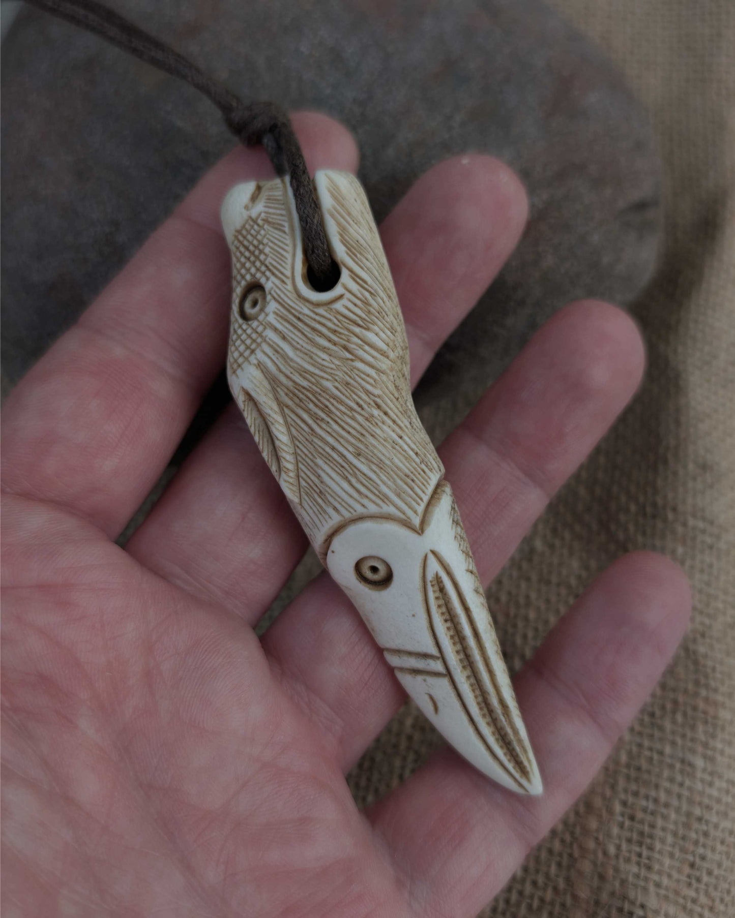 Raven–Wolf Moose Antler Pendant, Hand-Carved Viking-Style Amulet