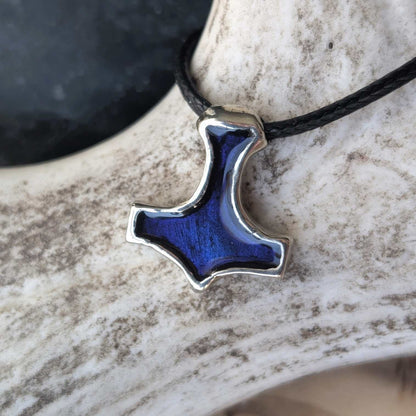 Mjölnir Pewter Pendant with Blue Enamel, Viking-Style Thor’s Hammer