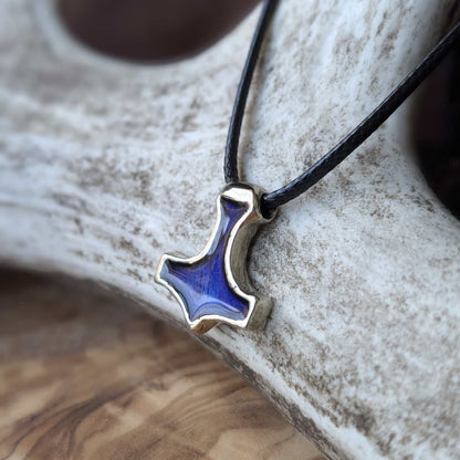 Mjölnir Pewter Pendant with Blue Enamel, Viking-Style Thor’s Hammer