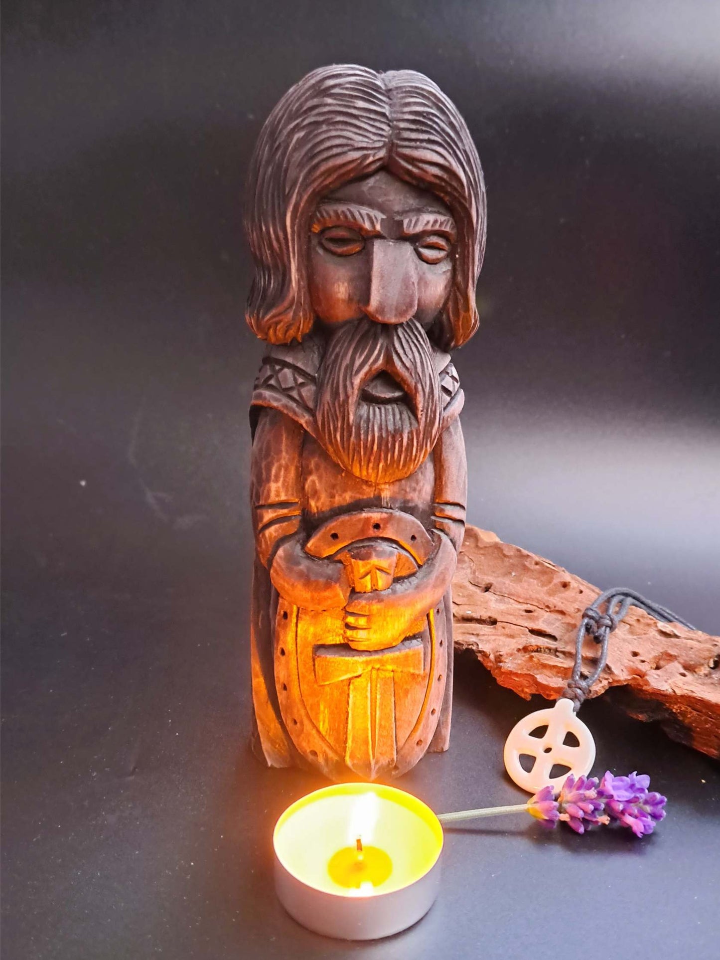 Hand-Carved Tyr Statue in Linden Wood – Norse God Figurine (18 cm)