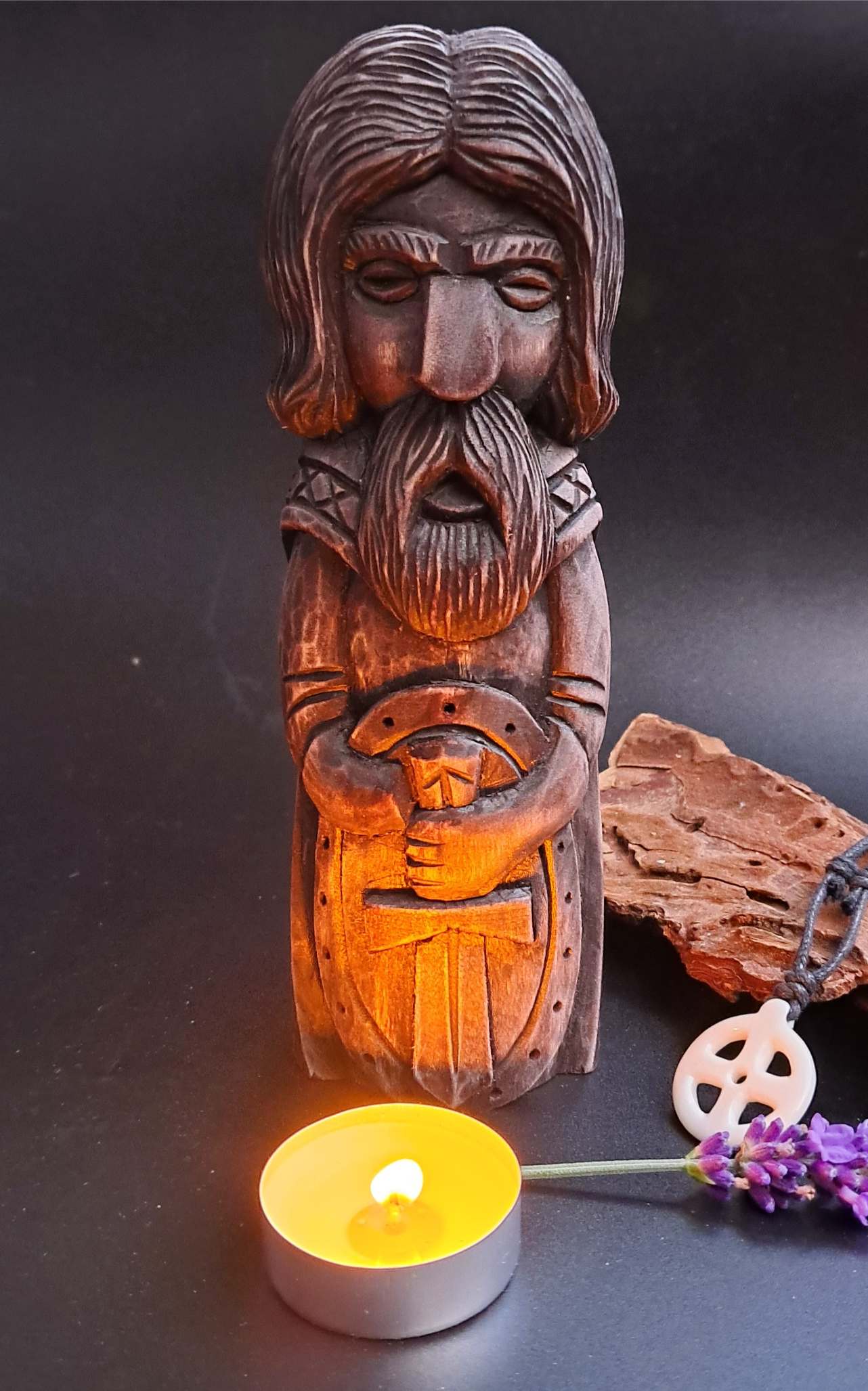 Hand-Carved Tyr Statue in Linden Wood – Norse God Figurine (18 cm)