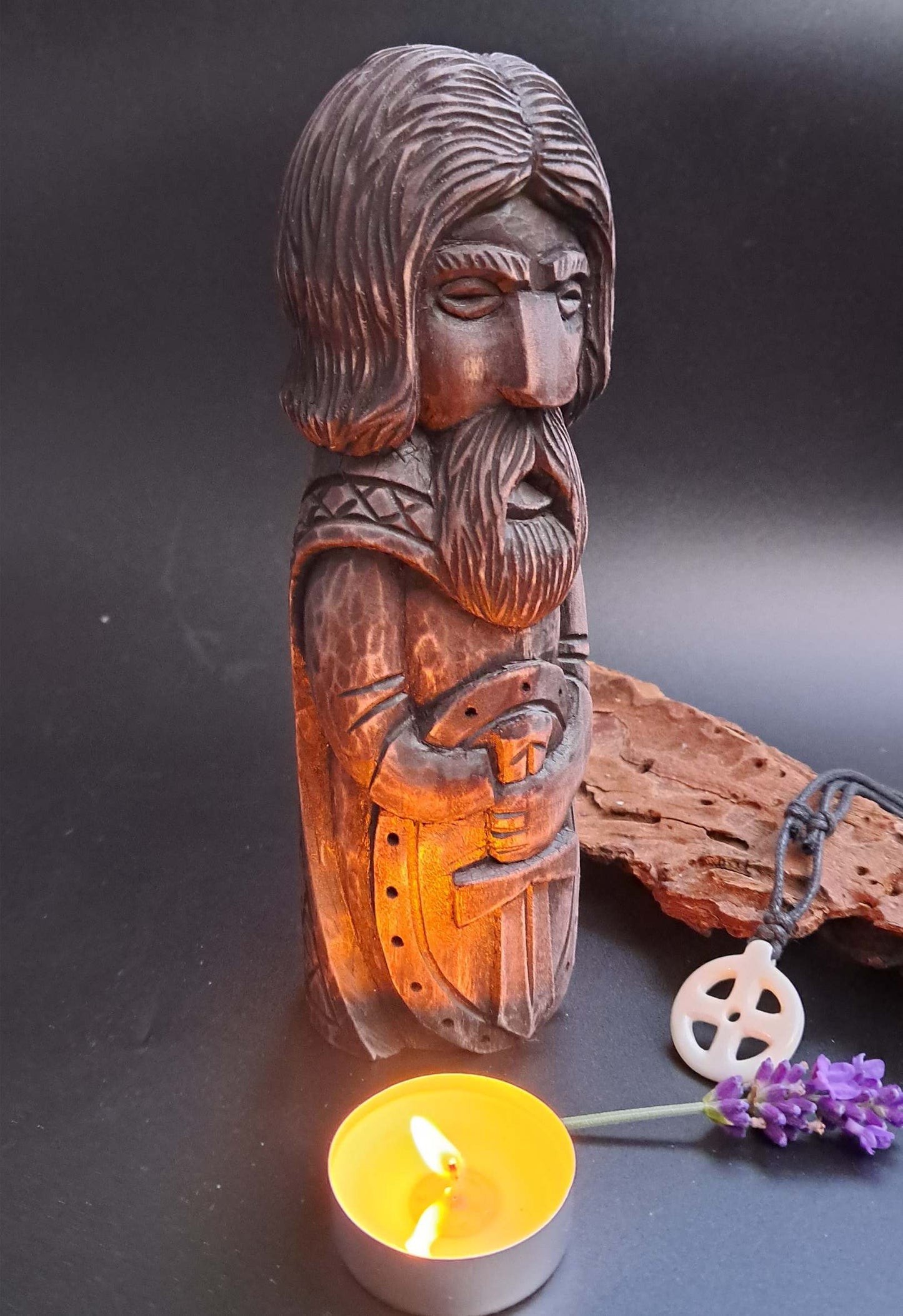 Hand-Carved Tyr Statue in Linden Wood – Norse God Figurine (18 cm)