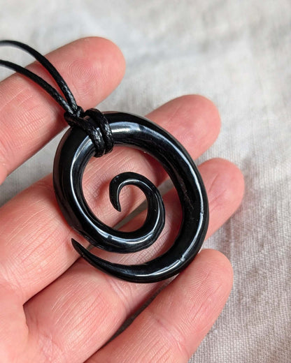 Celtic Spiral Pendant – Hand-Carved Black Horn Amulet
