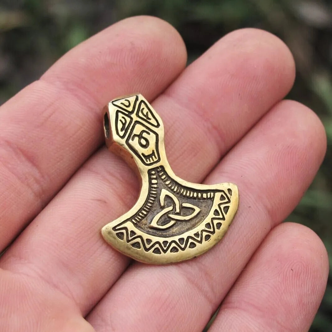 Brass Mjolnir Pendant – Hand-Cast Viking Axe Amulet from Recycled Military Cartridges