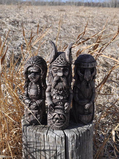 Hand-Carved Norse Gods Statues – Odin, Thor & Freyja in Linden Wood
